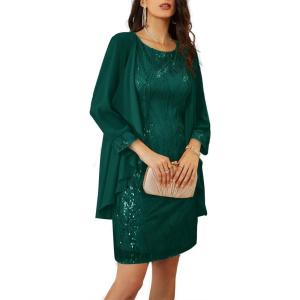 imageGRACE KARIN Sequin Dress for Women Knee Length Mother of the Bride Dresses Formal Dress Two Piece Dress with Chiffon JacketDark Green