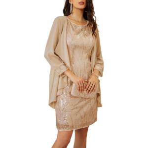 imageGRACE KARIN Sequin Dress for Women Knee Length Mother of the Bride Dresses Formal Dress Two Piece Dress with Chiffon JacketGold
