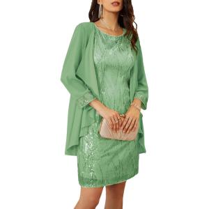 imageGRACE KARIN Sequin Dress for Women Knee Length Mother of the Bride Dresses Formal Dress Two Piece Dress with Chiffon JacketGrass Green