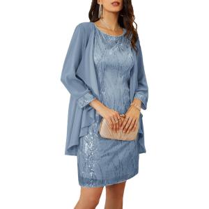 imageGRACE KARIN Sequin Dress for Women Knee Length Mother of the Bride Dresses Formal Dress Two Piece Dress with Chiffon JacketLight Gray Blue