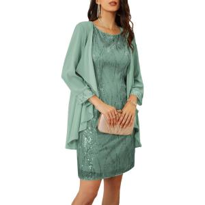 imageGRACE KARIN Sequin Dress for Women Knee Length Mother of the Bride Dresses Formal Dress Two Piece Dress with Chiffon JacketLight Gray Green