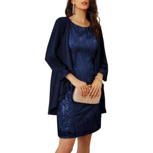 imageGRACE KARIN Sequin Dress for Women Knee Length Mother of the Bride Dresses Formal Dress Two Piece Dress with Chiffon JacketNavy Blue