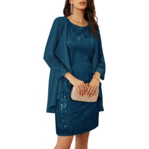 imageGRACE KARIN Sequin Dress for Women Knee Length Mother of the Bride Dresses Formal Dress Two Piece Dress with Chiffon JacketPeacock Blue