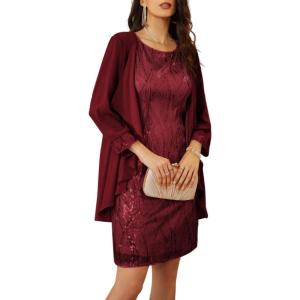 imageGRACE KARIN Sequin Dress for Women Knee Length Mother of the Bride Dresses Formal Dress Two Piece Dress with Chiffon JacketWine Red