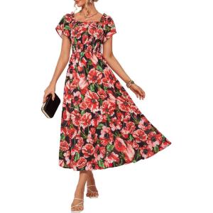 imageGRACE KARIN Womens 2025 Summer Floral Smocked Off Shoulder Flowy A Line Maxi Dresses Formal Wedding Guest Dress with PocketsBlack Red