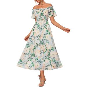 imageGRACE KARIN Womens 2025 Summer Floral Smocked Off Shoulder Flowy A Line Maxi Dresses Formal Wedding Guest Dress with PocketsGreen Flower