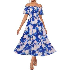 imageGRACE KARIN Womens 2025 Summer Floral Smocked Off Shoulder Flowy A Line Maxi Dresses Formal Wedding Guest Dress with PocketsRoyal Blue Pink