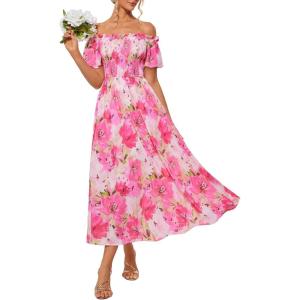 imageGRACE KARIN Womens 2025 Summer Floral Smocked Off Shoulder Flowy A Line Maxi Dresses Formal Wedding Guest Dress with PocketsWhite Rose Red