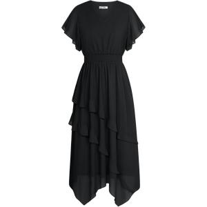 imageGRACE KARIN Womens Casual Summer V Neck Flutter Ruffle Short Sleeve 2025 Empire High Waist Flowy Midi DressesBlack