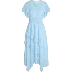 imageGRACE KARIN Womens Casual Summer V Neck Flutter Ruffle Short Sleeve 2025 Empire High Waist Flowy Midi DressesLight Blue