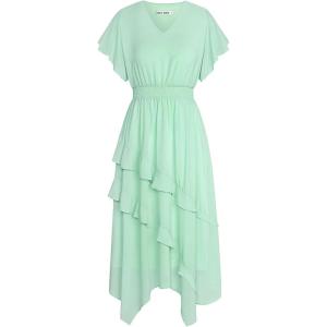 imageGRACE KARIN Womens Casual Summer V Neck Flutter Ruffle Short Sleeve 2025 Empire High Waist Flowy Midi DressesLight Green