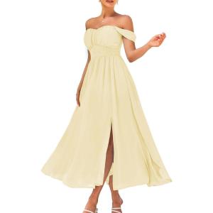 imageGRACE KARIN 2025 Womens Summer Floral Print Flowy A Line Maxi Dresses Sleeveless Smocked Off Shoulder DressApricot