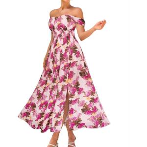 imageGRACE KARIN 2025 Womens Summer Floral Print Flowy A Line Maxi Dresses Sleeveless Smocked Off Shoulder DressApricot Purple