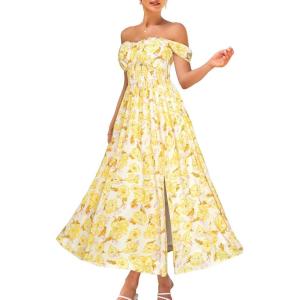 imageGRACE KARIN 2025 Womens Summer Floral Print Flowy A Line Maxi Dresses Sleeveless Smocked Off Shoulder DressApricot Yellow