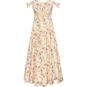 imageGRACE KARIN 2025 Womens Summer Floral Print Flowy A Line Maxi Dresses Sleeveless Smocked Off Shoulder DressBeige Purple