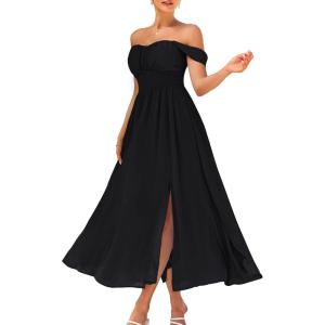 imageGRACE KARIN 2025 Womens Summer Floral Print Flowy A Line Maxi Dresses Sleeveless Smocked Off Shoulder DressBlack