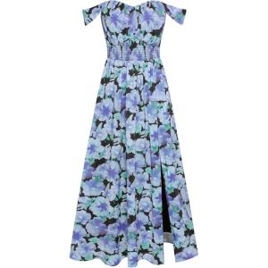 imageGRACE KARIN 2025 Womens Summer Floral Print Flowy A Line Maxi Dresses Sleeveless Smocked Off Shoulder DressBlack Purple