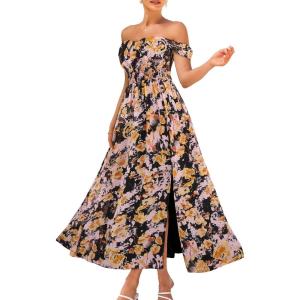 imageGRACE KARIN 2025 Womens Summer Floral Print Flowy A Line Maxi Dresses Sleeveless Smocked Off Shoulder DressBlack Yellow