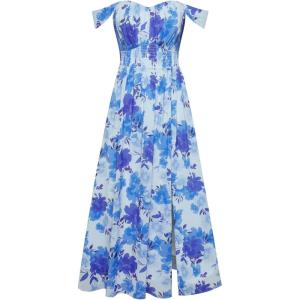 imageGRACE KARIN 2025 Womens Summer Floral Print Flowy A Line Maxi Dresses Sleeveless Smocked Off Shoulder DressBlue Flower