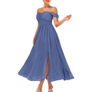 imageGRACE KARIN 2025 Womens Summer Floral Print Flowy A Line Maxi Dresses Sleeveless Smocked Off Shoulder DressBlue Gray