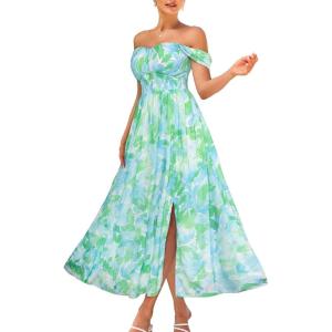 imageGRACE KARIN 2025 Womens Summer Floral Print Flowy A Line Maxi Dresses Sleeveless Smocked Off Shoulder DressBlue Green