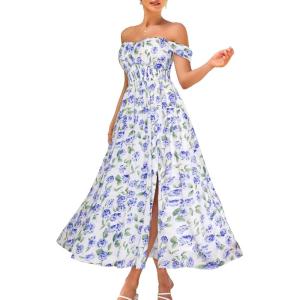 imageGRACE KARIN 2025 Womens Summer Floral Print Flowy A Line Maxi Dresses Sleeveless Smocked Off Shoulder DressBlue Hydrangea