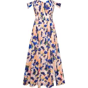 imageGRACE KARIN 2025 Womens Summer Floral Print Flowy A Line Maxi Dresses Sleeveless Smocked Off Shoulder DressBlue Orange