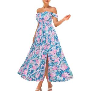imageGRACE KARIN 2025 Womens Summer Floral Print Flowy A Line Maxi Dresses Sleeveless Smocked Off Shoulder DressBlue Pink
