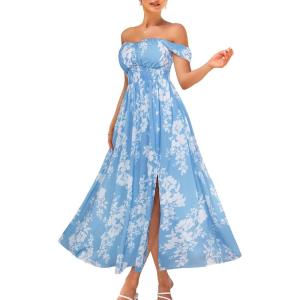 imageGRACE KARIN 2025 Womens Summer Floral Print Flowy A Line Maxi Dresses Sleeveless Smocked Off Shoulder DressBlue White