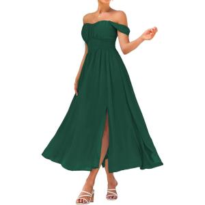 imageGRACE KARIN 2025 Womens Summer Floral Print Flowy A Line Maxi Dresses Sleeveless Smocked Off Shoulder DressDark Green