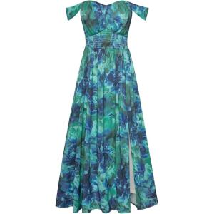imageGRACE KARIN 2025 Womens Summer Floral Print Flowy A Line Maxi Dresses Sleeveless Smocked Off Shoulder DressGreen Blue