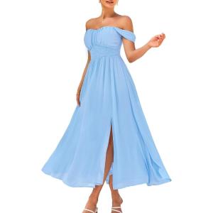 imageGRACE KARIN 2025 Womens Summer Floral Print Flowy A Line Maxi Dresses Sleeveless Smocked Off Shoulder DressLight Blue