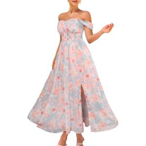 imageGRACE KARIN 2025 Womens Summer Floral Print Flowy A Line Maxi Dresses Sleeveless Smocked Off Shoulder DressLight Blue Pink
