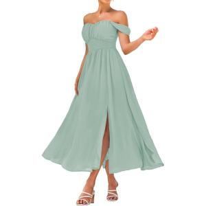 imageGRACE KARIN 2025 Womens Summer Floral Print Flowy A Line Maxi Dresses Sleeveless Smocked Off Shoulder DressLight Green