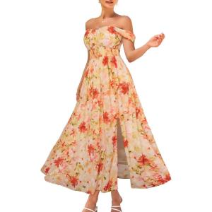 imageGRACE KARIN 2025 Womens Summer Floral Print Flowy A Line Maxi Dresses Sleeveless Smocked Off Shoulder DressLight Orange Red