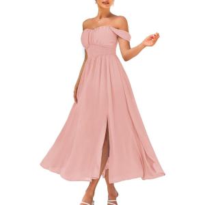 imageGRACE KARIN 2025 Womens Summer Floral Print Flowy A Line Maxi Dresses Sleeveless Smocked Off Shoulder DressLight Pink