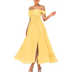 imageGRACE KARIN 2025 Womens Summer Floral Print Flowy A Line Maxi Dresses Sleeveless Smocked Off Shoulder DressLight Yellow