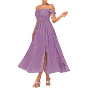 imageGRACE KARIN 2025 Womens Summer Floral Print Flowy A Line Maxi Dresses Sleeveless Smocked Off Shoulder DressLilac