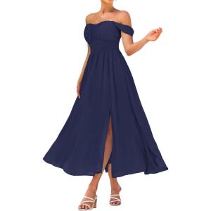 imageGRACE KARIN 2025 Womens Summer Floral Print Flowy A Line Maxi Dresses Sleeveless Smocked Off Shoulder DressNavy Blue