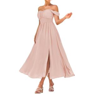 imageGRACE KARIN 2025 Womens Summer Floral Print Flowy A Line Maxi Dresses Sleeveless Smocked Off Shoulder DressPink Apricot