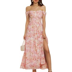 imageGRACE KARIN 2025 Womens Summer Floral Print Flowy A Line Maxi Dresses Sleeveless Smocked Off Shoulder DressPink Floral