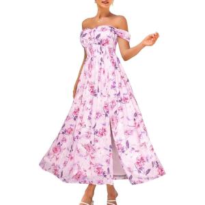 imageGRACE KARIN 2025 Womens Summer Floral Print Flowy A Line Maxi Dresses Sleeveless Smocked Off Shoulder DressPink White
