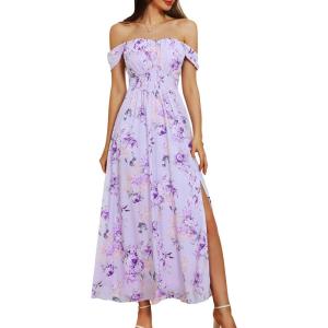 imageGRACE KARIN 2025 Womens Summer Floral Print Flowy A Line Maxi Dresses Sleeveless Smocked Off Shoulder DressPurple Floral