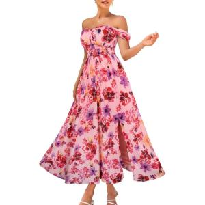 imageGRACE KARIN 2025 Womens Summer Floral Print Flowy A Line Maxi Dresses Sleeveless Smocked Off Shoulder DressPurple Red