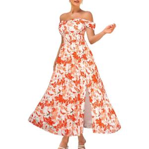 imageGRACE KARIN 2025 Womens Summer Floral Print Flowy A Line Maxi Dresses Sleeveless Smocked Off Shoulder DressWhite Orange