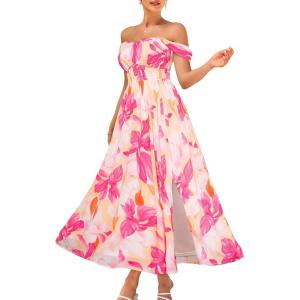 imageGRACE KARIN 2025 Womens Summer Floral Print Flowy A Line Maxi Dresses Sleeveless Smocked Off Shoulder DressWhite Rose Red