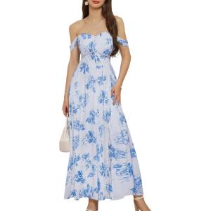 imageGRACE KARIN 2025 Womens Summer Floral Print Flowy A Line Maxi Dresses Sleeveless Smocked Off Shoulder DressWhiteblue Floral