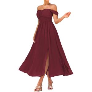 imageGRACE KARIN 2025 Womens Summer Floral Print Flowy A Line Maxi Dresses Sleeveless Smocked Off Shoulder DressWine Red