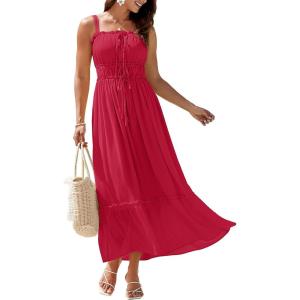 imageGRACE KARIN 2025 Womens Summer Flowy Aline Boho Dresses Spaghetti Strap Long Beach Sundress Smocked Maxi Dress with PocketsLight Red