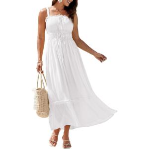 imageGRACE KARIN 2025 Womens Summer Flowy Aline Boho Dresses Spaghetti Strap Long Beach Sundress Smocked Maxi Dress with PocketsWhite